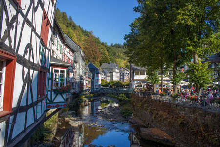 MONSCHAU, GERMANY - SEPTEMBER 22, 2020: small town Monschau with unidentified people. The historic town center has many half-timbered houses and narrow streets remained nearly unchanged for 300 yearsのeditorial素材