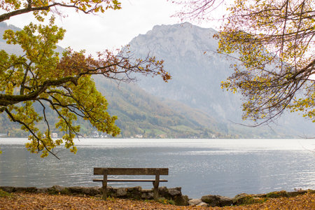 Autumn view of lake, trees and bench in Toscana Park, Gmunden, Austriaの写真素材