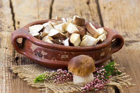 fresh mushrooms (boletus) in a bowlの写真素材