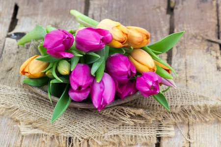 colorful tulips on wooden background - close upの写真素材