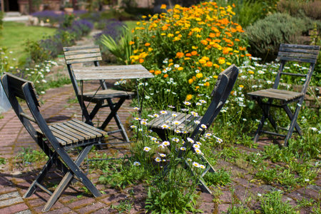 wild garden - herb spiral in the garden with fresh herbs and flowers, table and chairsの写真素材