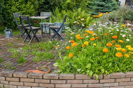 herb spiral in the garden with fresh herbs and flowersの写真素材