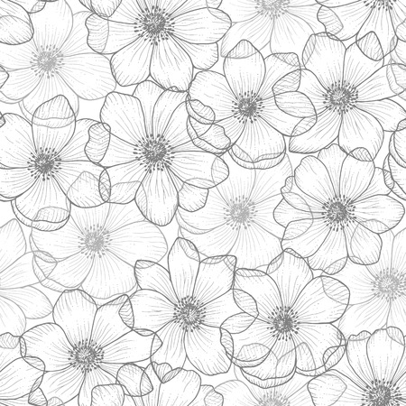 Seamless pattern black and white anemone, vintage pattern of monochrome wind flower, anemone, design for card, mothers day, wedding, birthday, textile, web, wallpaper, wrapping, printのイラスト素材