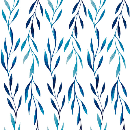 Watercolor seamless pattern of blue leaves on a white background. Hand drawn watercolor illustration. Design for fabric, textile, wrapping paper, card, invitation, wallpaper, web design.のイラスト素材