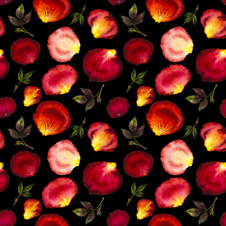 Watercolor seamless pattern of pink and red petals and leaves of roses on black background. Watercolor illustration. Design for fabric, textile, wrapping paper, card, invitation, wallpaper, web designのイラスト素材