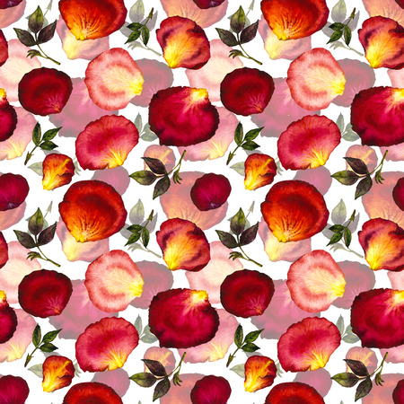 Watercolor seamless pattern of pink and red petals and leaves of roses on white background. Watercolor illustration. Design for fabric, textile, wrapping paper, card, invitation, wallpaper, web designのイラスト素材