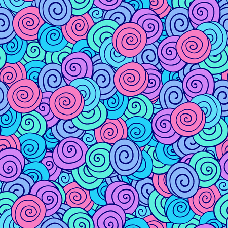 Doodle seamless pattern of circle, doodle pattern, spiral background, pink, blue, lilac circle. Hand drawn doodle background. Vector doodle for web, wrapping, wallpaper, textileのイラスト素材