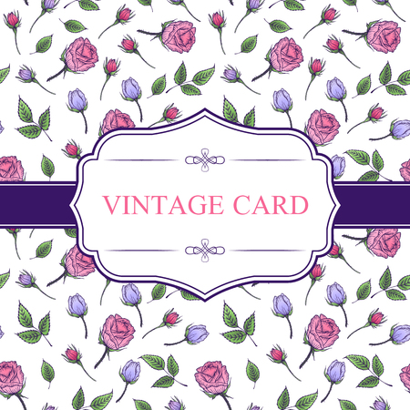 Vintage card on flower seamless pattern of pink and lilac rose, hand drawn vector floral pattern for for card, mothers day, wedding, birthday, textile, web, wallpaper, wrapping, greeting cardのイラスト素材