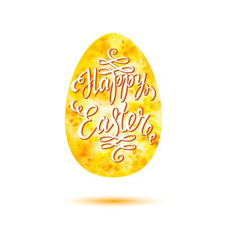 Happy Easter lettering on yellow watercolor egg, Happy Easter typographical background for greeting card, poster, banner, printing, mailing, vector illustrationのイラスト素材