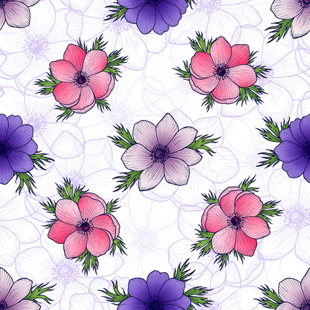 Seamless floral pattern of anemones, seamless background of pink and purple flower anemones, vector pattern for wedding, summer design, web, wallpaper, textile, greeting cardのイラスト素材