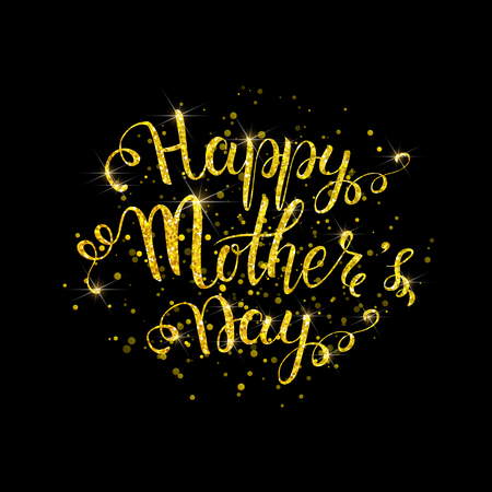 Happy Mothers Day gold glitter lettering with gold spray, Mothers day card with golden text on black background, vector illustration for greeting card, poster, banner, printing, mailing, flyerのイラスト素材