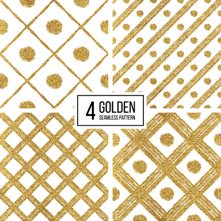 Set of grunge seamless pattern of gold silver diagonal stripes and circle, seamless background golden and silvern lines and points, hand drawn vector pattern for textile, wallpaper, web, wrappingのイラスト素材