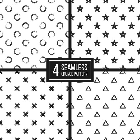 Set of seamless pattern of grunge polka dots, triangle, star, cross, hand drawn background of black white circle, delta, plus, vector pattern for paper, card, invitation, wrapping, textile, web designのイラスト素材
