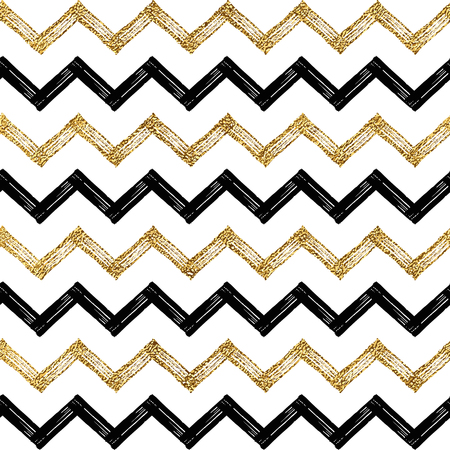 Seamless pattern of black gold zigzag chevron, golden and black zig zag striped background, hand painted vector design for textile, wallpaper, web, wrapping, save the date, wedding, card, paperのイラスト素材