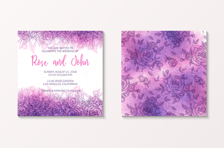 Watercolor wedding invitation with flower roses, lilac wedding floral background, pink vector illustration for greeting card, invitation, holiday, summer designのイラスト素材