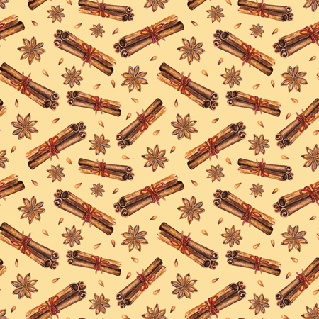Watercolor seamless pattern with star anise and cinnamon sticks. Hand drawn watercolor illustration. Vector design by flyer, printing, mailing, invitation, card, menu of cafe, restaurant, textileのイラスト素材