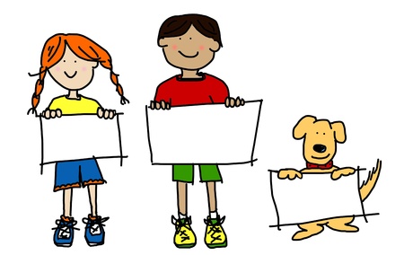 Large cartoon characters: simplisticand colorful line drawings of two smiling kids and their dog holding up blank poster boardの写真素材