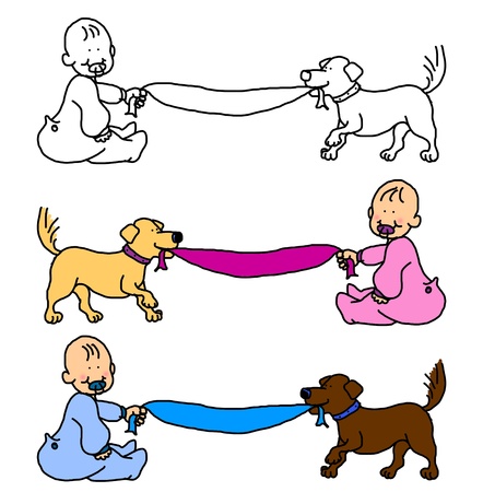 Cartoon illustration of baby boy or girl and dog pulling the blanket, with room for the message or announcement, choice of theme colors or blank for more options.の写真素材
