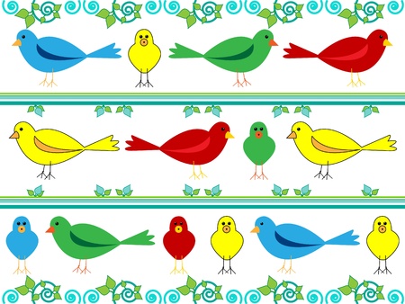 Cute, fun and colorful simple birds with lines, leaves and flourishesのイラスト素材