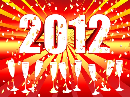 Fun and festive 2012 New Year's Eve celebration background with red orange sunburst and champagne glasses and confettis.のイラスト素材