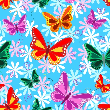 Seamless pattern of colorful flying butterflies with pastel color flowers over sky blue background.のイラスト素材