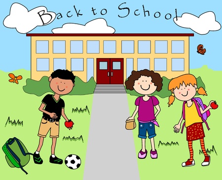 Fun happy cartoon kids going back to school.のイラスト素材
