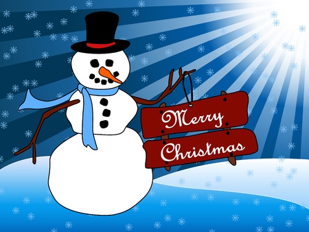 Beautiful Christmas card with a friendly cartoon snowman standing in the snow holding sign with Merry Christmas wishのイラスト素材