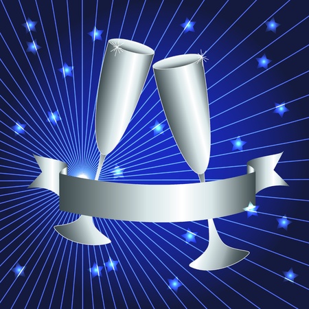 Silver celebration: toasting cups and ribbon banner with sunburst over dark blue background, perfect 25th anniversary card.のイラスト素材