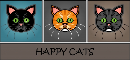 Paper header or web banner with cute and fun graphic cartoon  black, orange and grey tabby cats on dark background.のイラスト素材