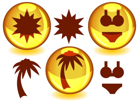 Sun related icons or symbols in dark brown silhouettes alone or inside a glossy yellow sphere with drop shadow.のイラスト素材