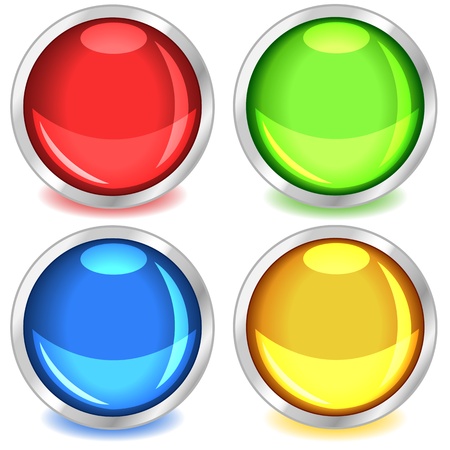 Fun colorful web buttons with drop shadows in red, green, blue and yellow bound in silver.のイラスト素材