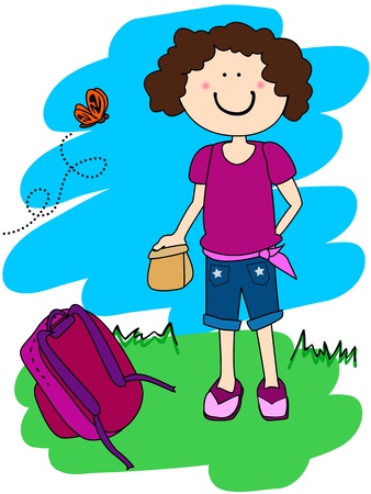 Cute little girl cartoon character going to school with her lunch and back packのイラスト素材