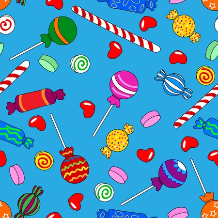 Fun seamless pattern made of all kinds of colorful candy including lollipops over bright blue backgroundのイラスト素材