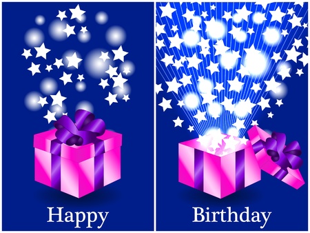 Fun birthday card with a pink gift box with purple ribbon closed and then opened with sunburts and stars coming out, happy birthday in text.のイラスト素材