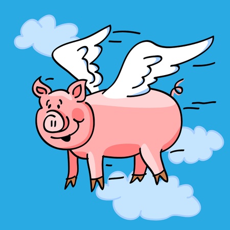 Fun cartoon of a flying pig with wings to represent the のイラスト素材