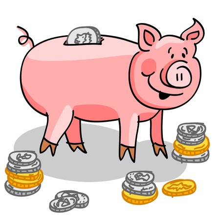 Cute and fun cartoon piggy bank with silver and gold coins.のイラスト素材