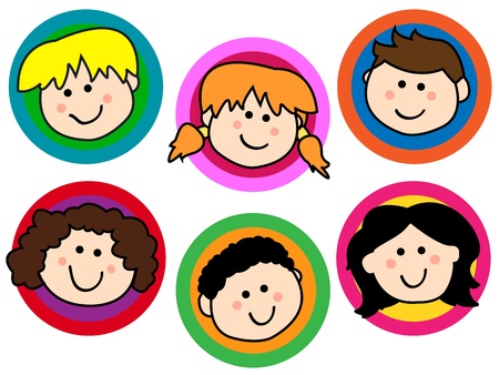 Fun collection of friendly smiling cartoon kids or childrens face over colorful circlesのイラスト素材