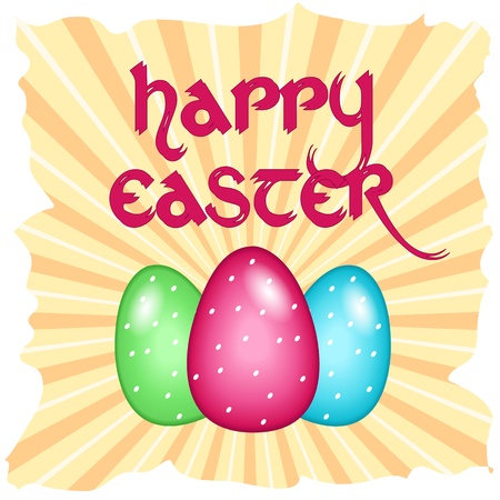 Pretty Easter card with soft pastel color eggs, pink, green and blue over sunburst with Happy Easter wish,のイラスト素材