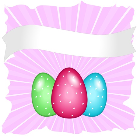 Pretty Easter card with soft pastel color eggs, pink, green and blue over sunburst with white silver ribbon for your text.のイラスト素材