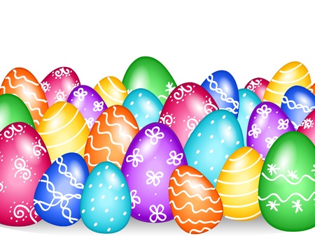 Fun and colorful Easter eggs border with hand painted design over white with shadows.のイラスト素材