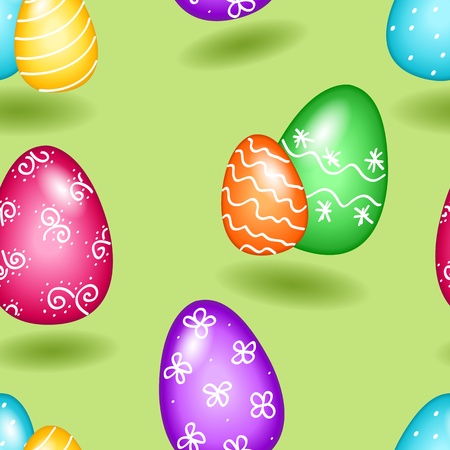 Seamless fun colorful hand painted easter eggs pattern with drop shadows over greenのイラスト素材