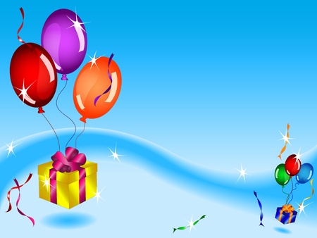 Fun colorful birthday card or background with floating gifts, balloons and ribbons in blue sky with various light effects and copy space.のイラスト素材