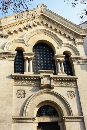 Beautiful French Reformed church facade with stone architecture and lots of details.の写真素材