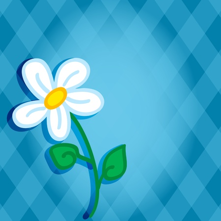 Cute and fun hand drawn daisy flower with shadow over a blue diamond background with copy space in the middle, perfect for a card.のイラスト素材