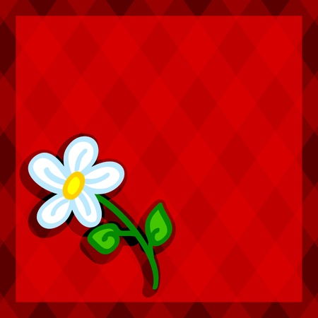 Cute and fun hand drawn daisy flower with shadow over a red diamond background with copy space in the middle and border, perfect for a card.のイラスト素材