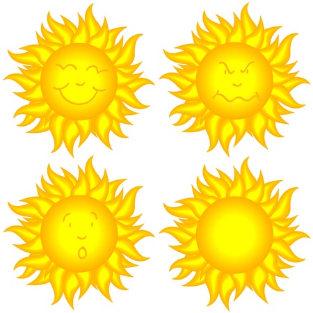 Collection of funny cartoon yellow sun with different faces, happy, mad, surprised and blank.のイラスト素材