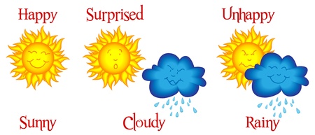 Cute and funny weather related cartoon or comic strip with happy sun being covered by mischievous rainy cloudのイラスト素材