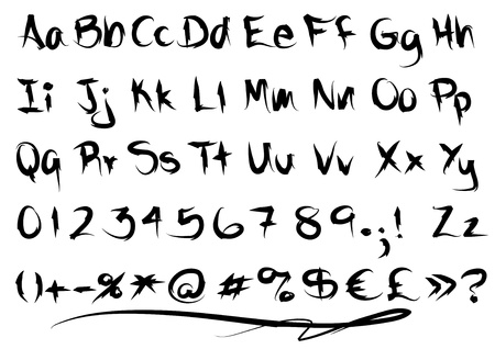 Graphic freaky or grungy font with alphabet in capitals and lower cases, numbers, monetary  and other symbols.のイラスト素材