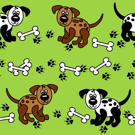 Cute and fun spotted cartoon dogs with paw prints and bones that can be used as borders or full wallpaper pattern, perfect for pet related articles.のイラスト素材