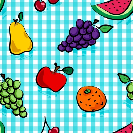 Seamless collection of grungy, crude, rough outline hand drawn fruits with shadows over light blue gingham pattern, perfect picnic table cloth.のイラスト素材